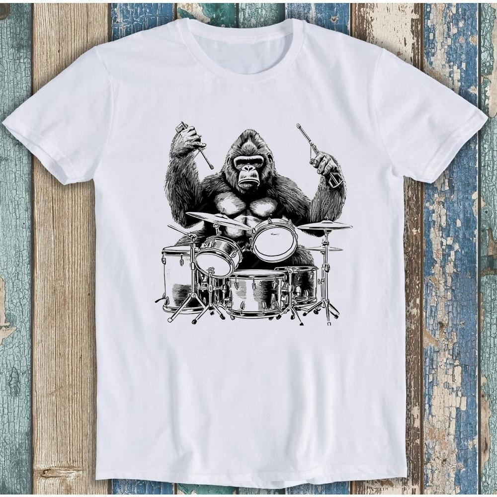 Gorilla Playing Drum Printed Tshirt for Women and Unisex Fun and Funny Top Comfortable Loose Short Sleeve Unisex Tshirt
