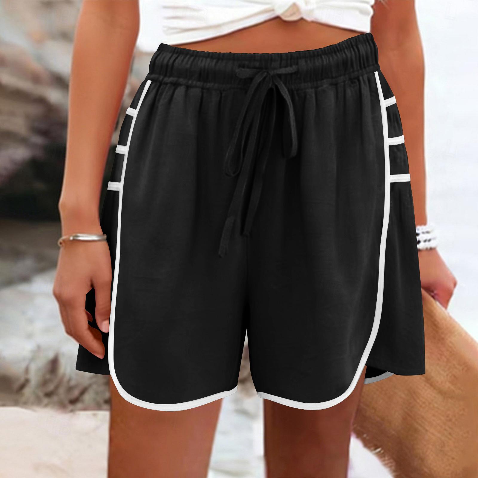 Women s Color Casual And Fashionable Drawstring Pocket Cotton And Linen Shorts M чёрный