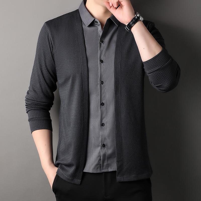 Autumn Solid Color Korean Style Men's Fake Two-piece Knitted Cardigan Long-sleeved T-shirt Versatile T-shirt Men's Clothing