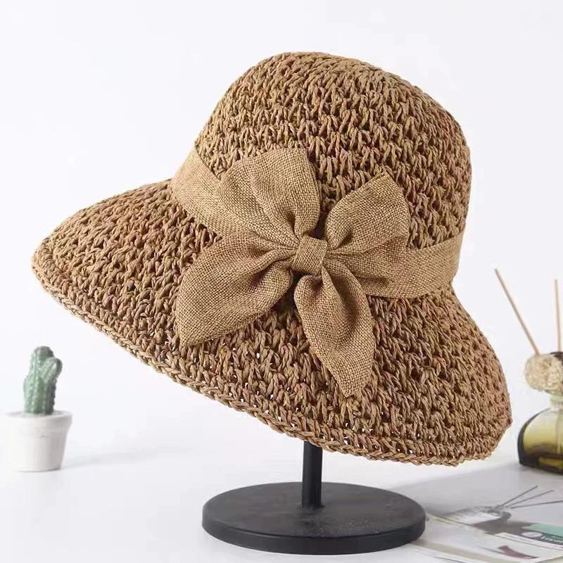 WTEMPO Hollow-out Bow Breathable Wide Brim Foldable Large Hats Party Hats Retro Elegant Summer Beach Sunscreen Hats