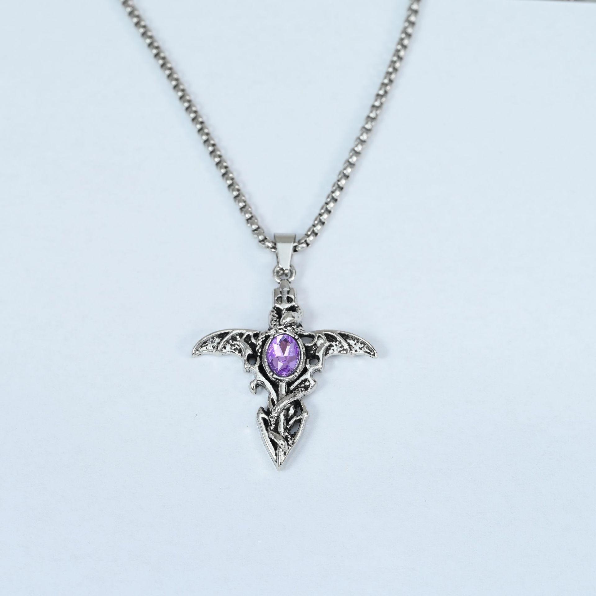 

Vintage Demon Sword Pendant Necklace Gothic Style Chain with Detailed Winged Design and Oval Gemstone Pendant 60CM Length for Men Women One Size