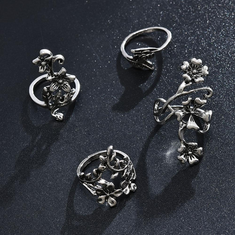 4 Pièces/Ensemble Bague Vigne Feuille Fleur Forêt Vintage Punk Sculptée Antique Bague Midi Doigt Femmes Anneaux Bohèmes Pour Hommes Bijoux Cadeaux