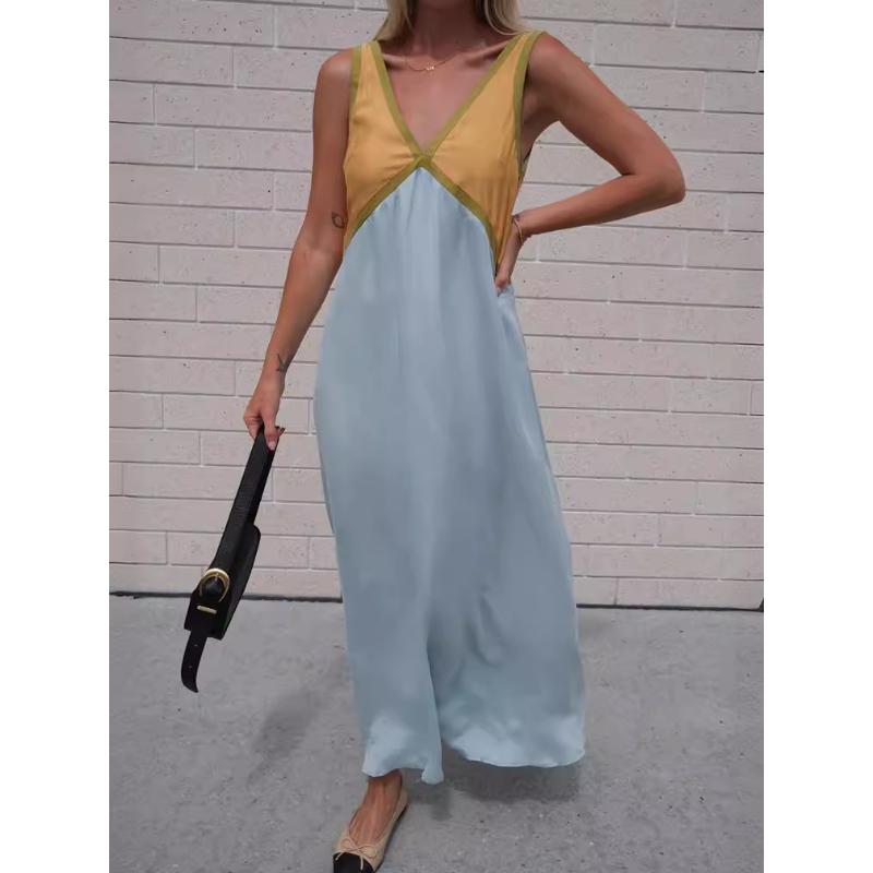 

Women s Summer Color Block V Neck Sleeveless Tank Maxi Dress Loose Casual Vacation Beach Long Dress for Women XL світло-синій колір