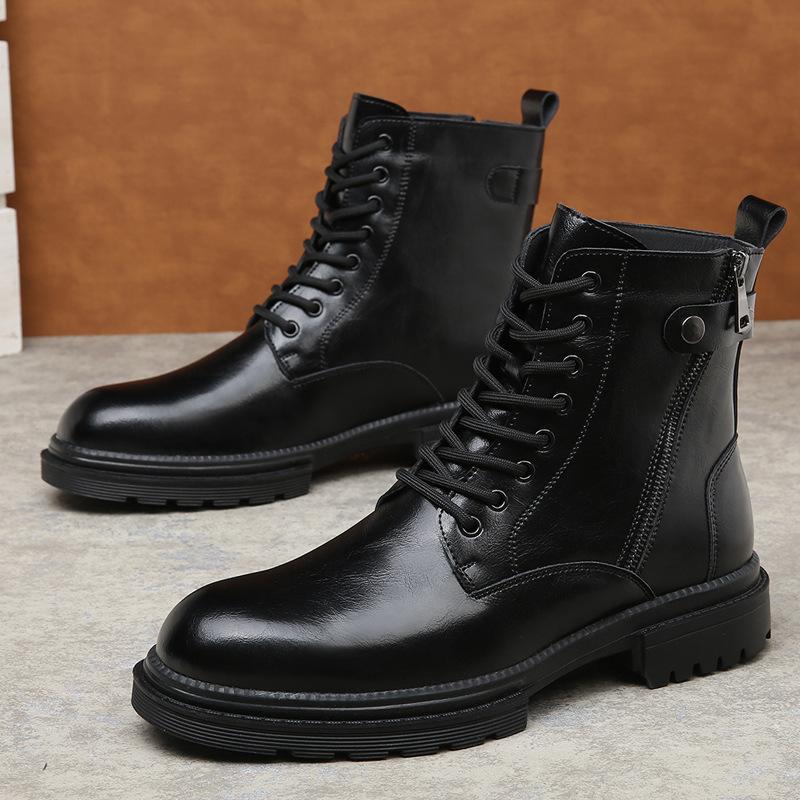 Side Zipper Martin Boots Men's High-top British Style Leather Tooling Locomotive Boots Autumn and Winter Heightening Velvet Warm Boots