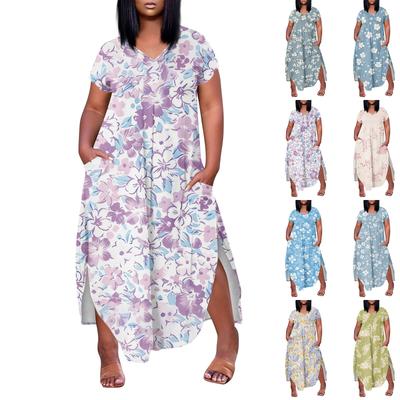 Women Floral Maxi Dress Summer Casual Short Sleeve Dress Sundress V-Neck Long Dresses With Pockets Beach Vacation