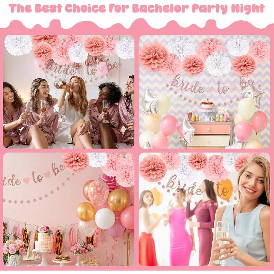 NISOCY Bachelorette Party Decoration, Pink Bridal Shower Decoration Bride To Be Sign Banner with Fringe Party Curta and Honeycomb Balls for Fall