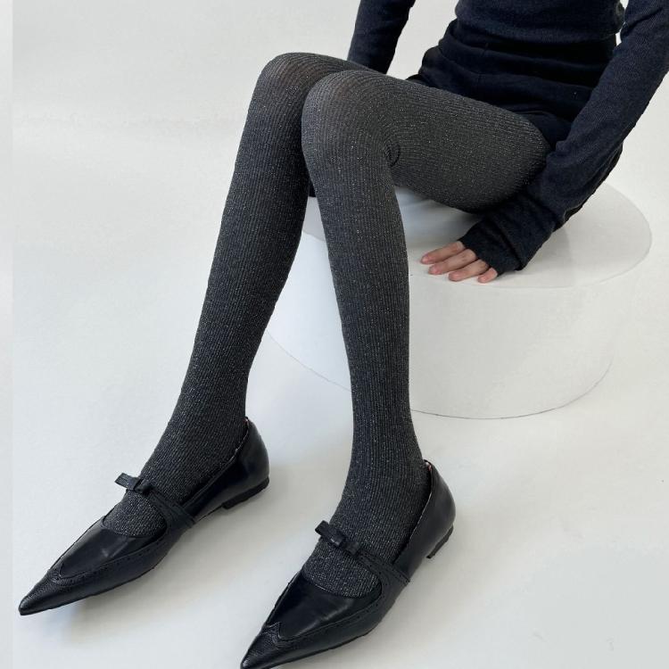 Women Vintage Shimmering Ribbed Striped Opaque Pantyhose 90s Winter Fall Basic Bottoming Tights Stockings Leggings