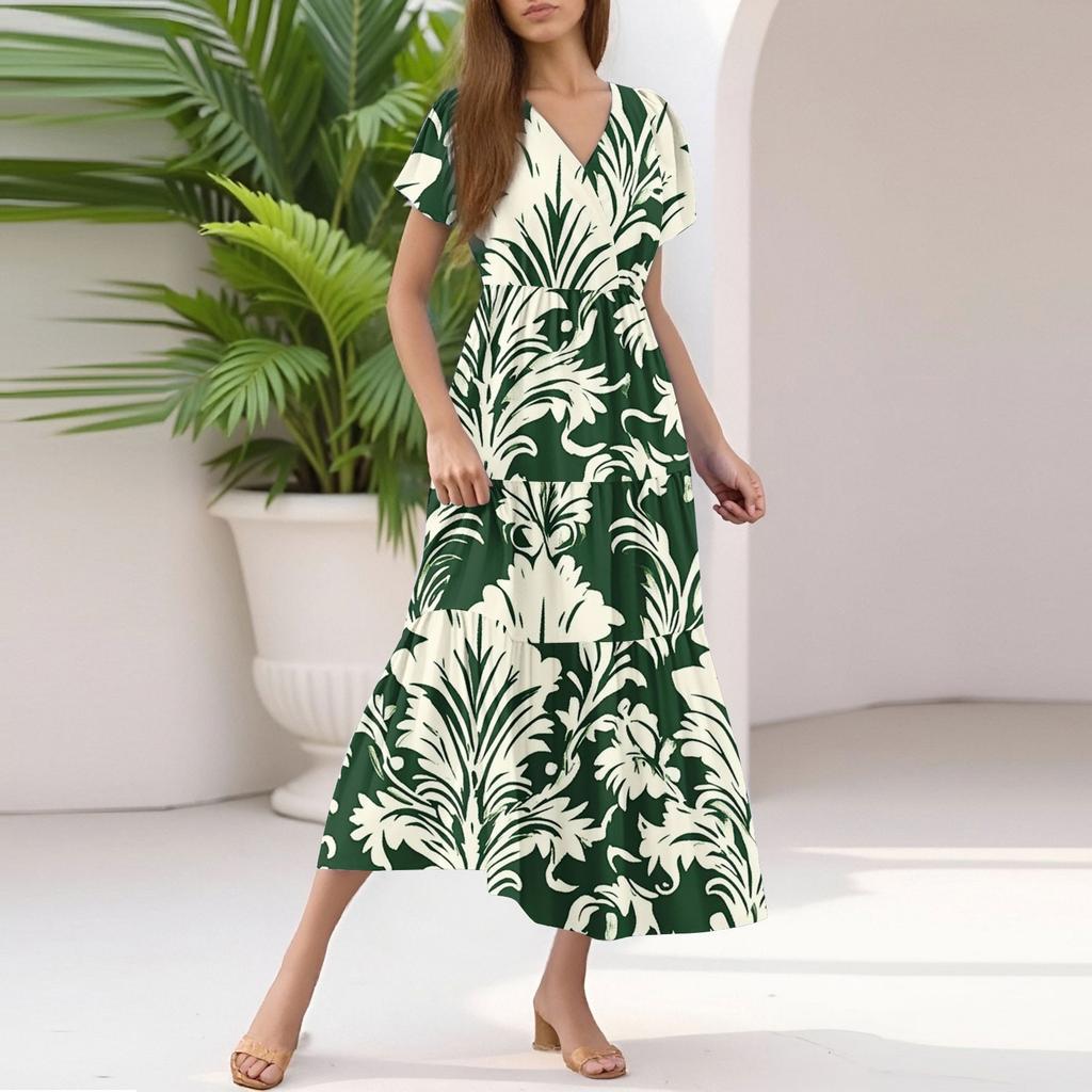 Damen Sommer Casual Mode V-Ausschnitt Rüschenärmel Blumendruck Midi-Kleid