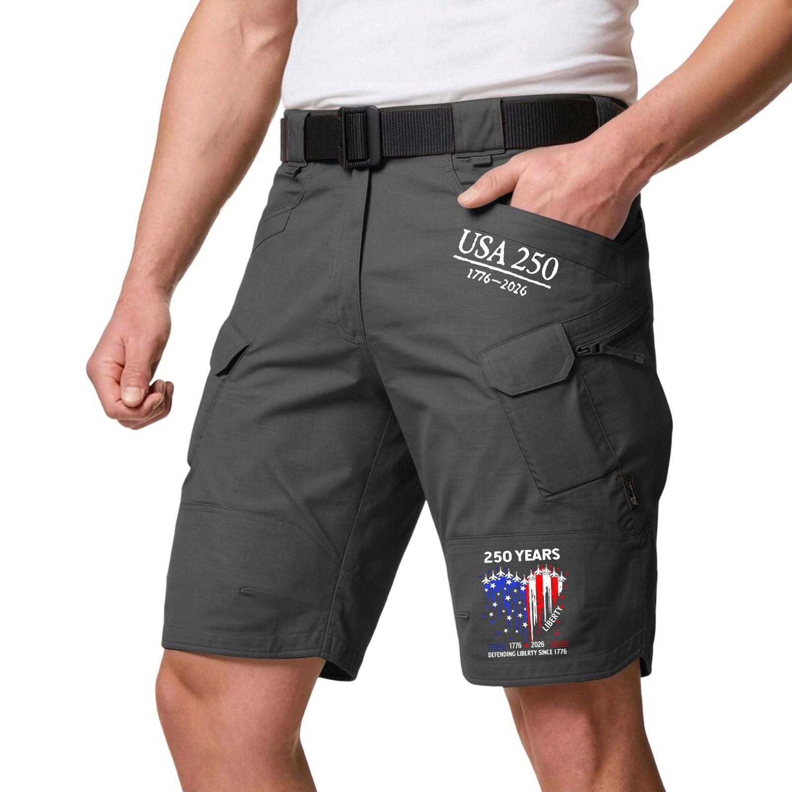 

Mens Cargo Shorts with Multiple Pockets Adjustable Waistband USA 250 Years Print Outdoor Lightweight Design S чорний