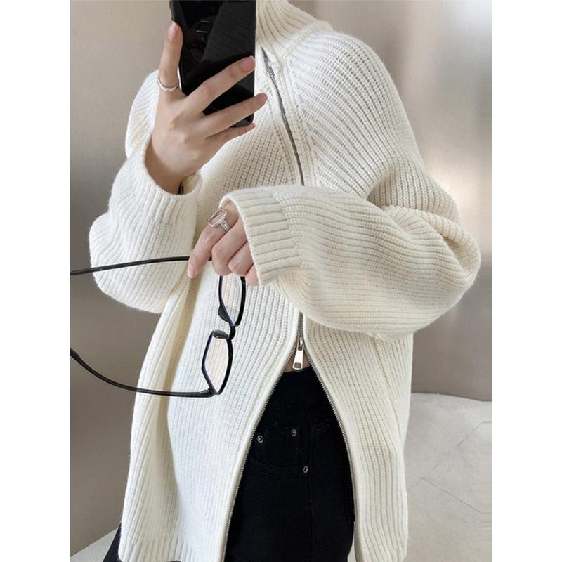 Lazy Style High Neck Zipper Solid Color High-end Knitted Sweater for Outerwear, Loose Long Sleeved Warm Top for Outerwear