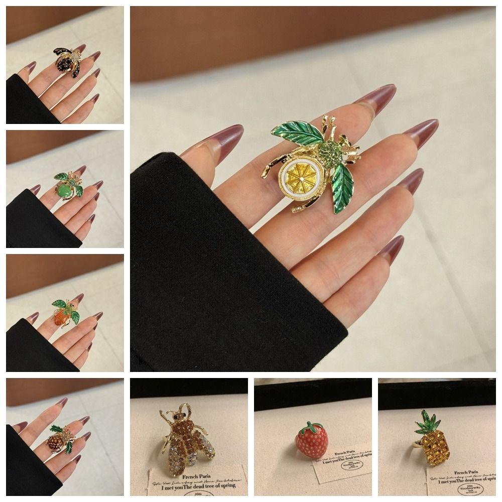 Strawberry Enamel Fruit Ring Korean Style Chunky Enamel Ring Cute Insect Drip Oil Ring  Couple