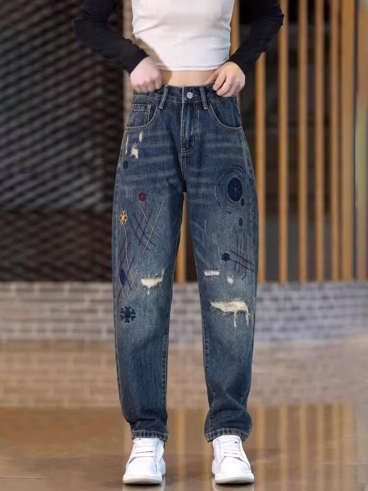 JYL Unisex Wide-Leg Jeans American Embroidered Ripped Vintage Denim 29 бездна