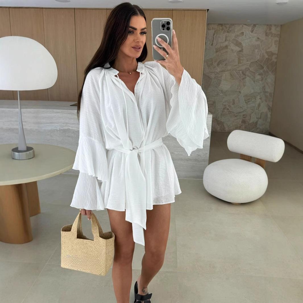 

Женское платье с V-образным вырезом, коротким рукавом и расклешенным подолом, с поясом на талии, повседневное летнее платье белого, черного, бежевого, розового, коричневого, красного цвета S белый