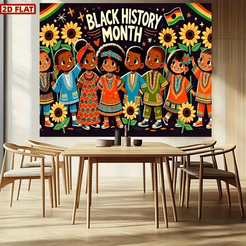 Black History Month Backdrop, African American Kids with Sunflowers and Traditional Clothes for Party Decoration