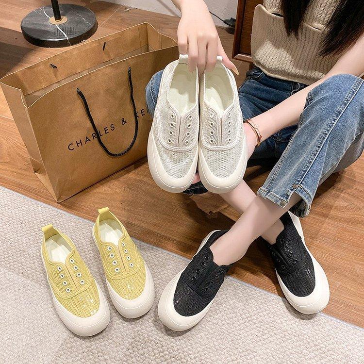 Hong Kong lazy one-pedal single shoes women's 2025 new little white shoes spring breathable mesh sequins platform casual board shoes