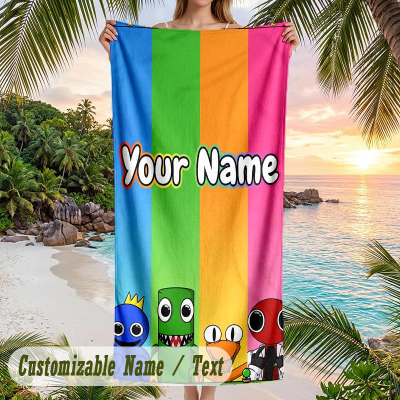 Rainbow Friends Beach Towel, Personalized Custom Text, Quick Dry Soft Large Towel For Swimming Pool Travel