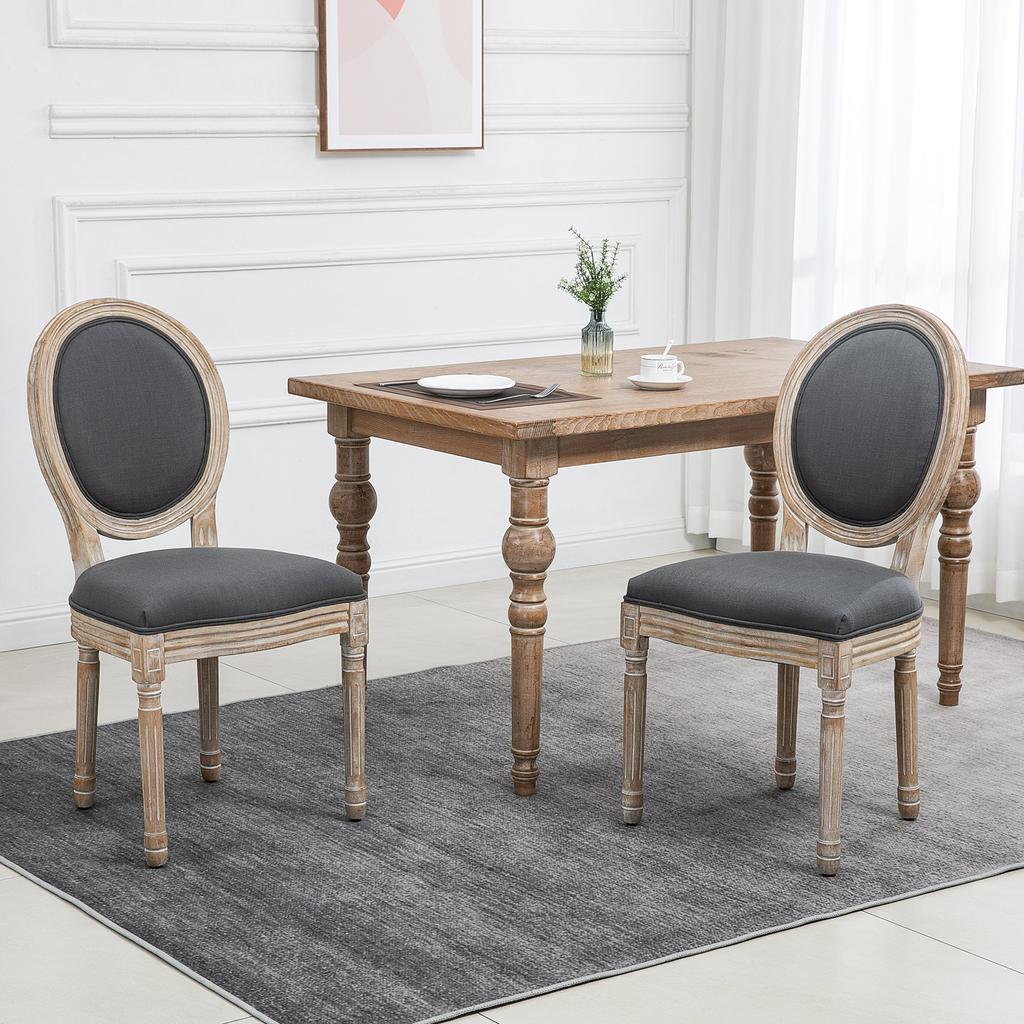 Dining Chairs, Set of 2, Louis XVI Medallion, Linen-Effect Upholstered Seat and Back, Grey