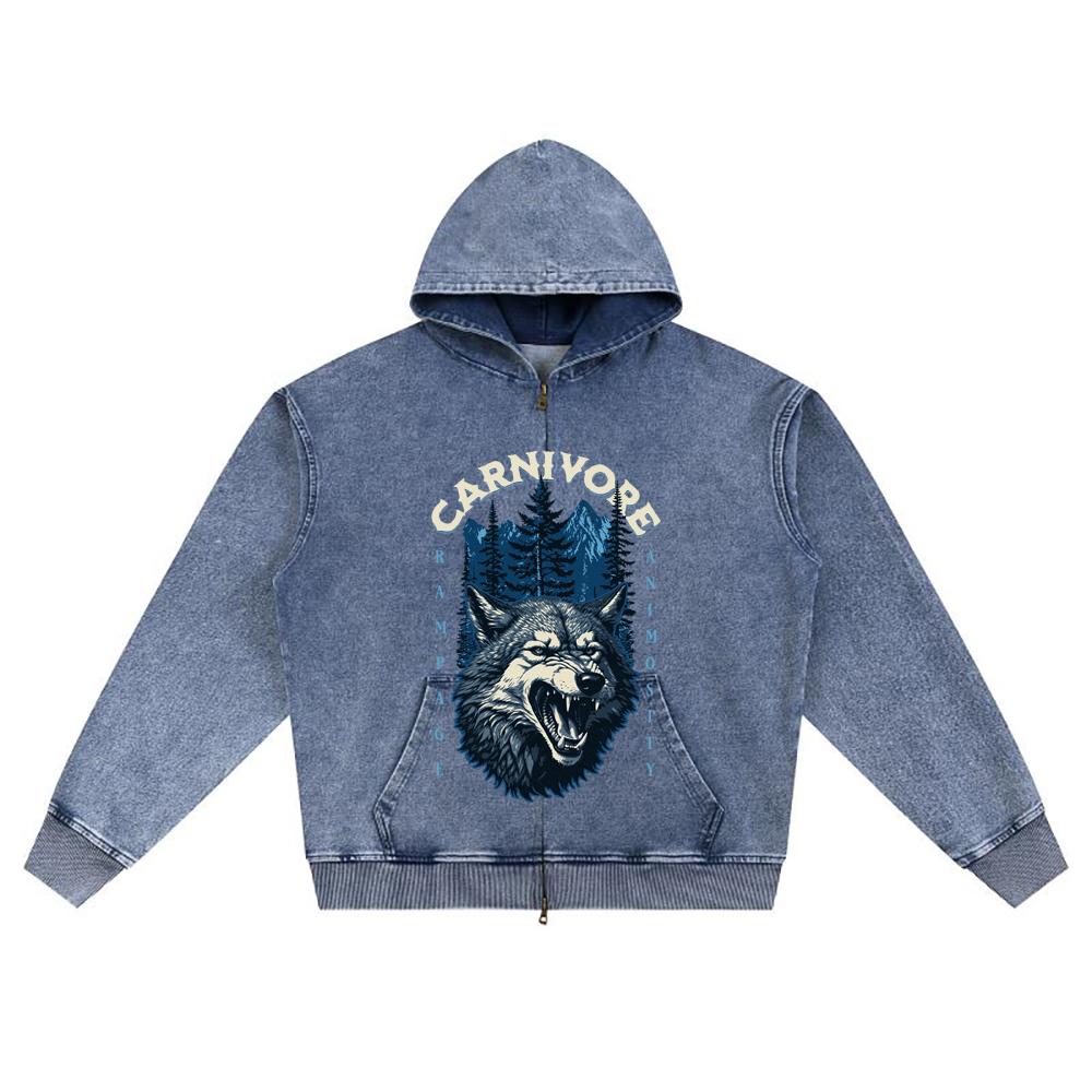 DTG print Knitted Denim Zip-Up Hoodie Carnivore Brother Print Zipper Hoodies