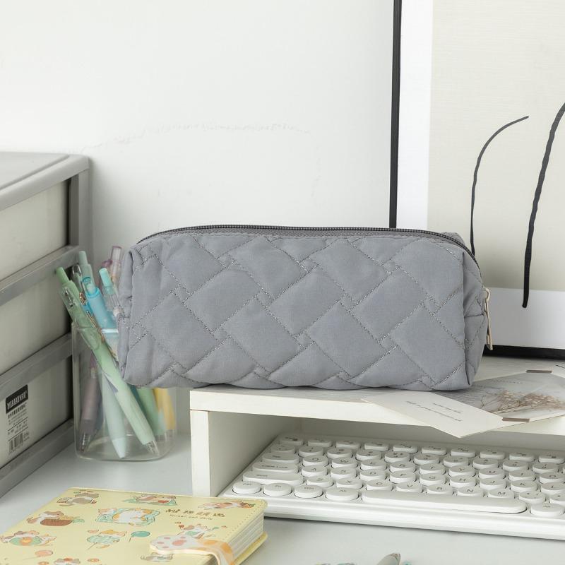 Quilted Geometric Pattern Large-capacity Student Stationery Bag Pencil Case Solid Color Stationery Simple Storage Bag Stationery Box New