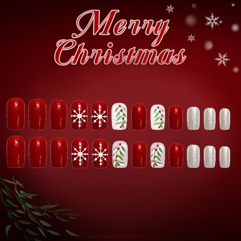 Festive Red Glitters White Snowflake Artificial Nail 24PCS Press On Nail For Christmas Event And Gatherings Decors