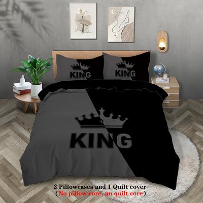 3pcs Fashionable Black Grey KING and QUEEN Design Printed Bedding Set, Soft, Comfortable, Breathable Duvet Cover, Bedroom, Hotel
