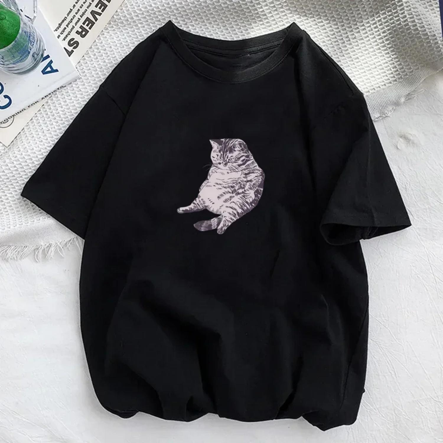 

Короткий топ с принтом злого кота, женская хлопковая футболка, женская мода Харадзюку, парная одежда свободного уличного стиля S чёрный
