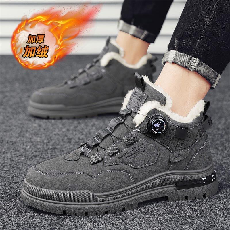 Fleece men's shoes winter new rotating button Martin shoes men's tooling shoes men's casual sports cotton shoes