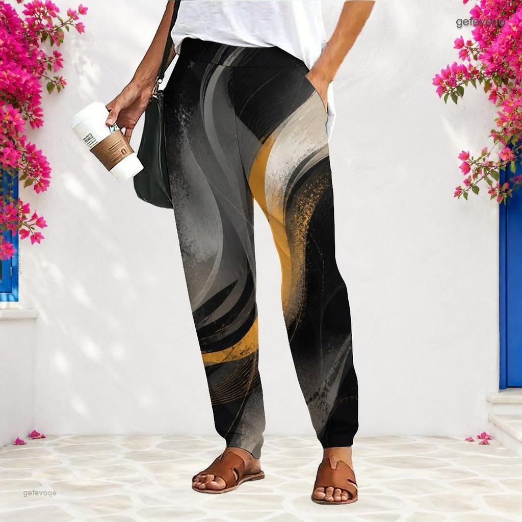 Women S Plus Size Loose Fit Printed Long Pants Black Pink Gradient With Pockets