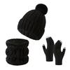 3Pcs/Set Winter Knitted Scarf Gloves Set Pom Pom Ball Fleece Lining Brimless Hat Touchscreen Gloves Neck Warmer Set