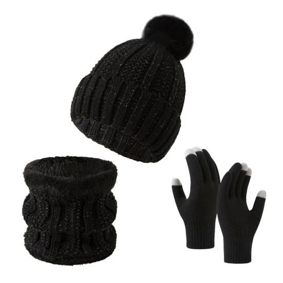 3Pcs/Set Winter Knitted Scarf Gloves Set Pom Pom Ball Fleece Lining Brimless Hat Touchscreen Gloves Neck Warmer Set