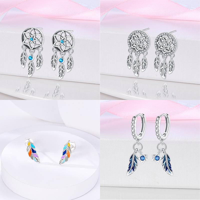 Real 925 Silver Palm Devil's Eye Feather Dream Catcher Design Luxury Earrings Fit For Engagement Fine Jewelry Gifts