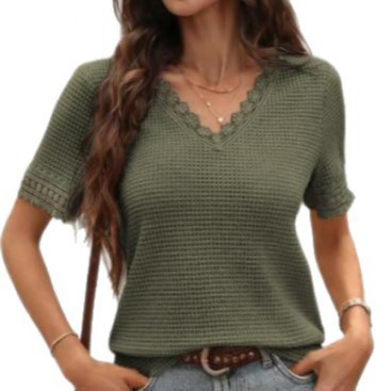 2026 Spring/Summer Women's V-neck Casual Waffle Lace Trim Short Sleeve Top