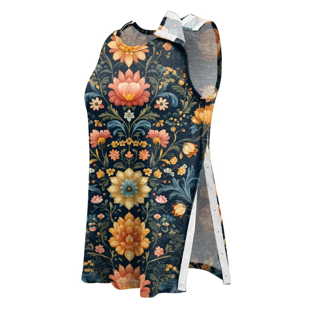 Women Shoulder Surgery Shirt Sleeveless Floral Print Top with Snap Buttons and Tear-Away Design Medical Recovery Apparel