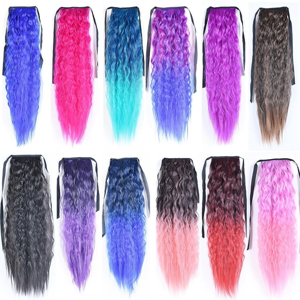 Ponytail Long Kinky Curly Hair Ribbon Ponytail Extension Rainbow Colorful Ombre Color Ponytails