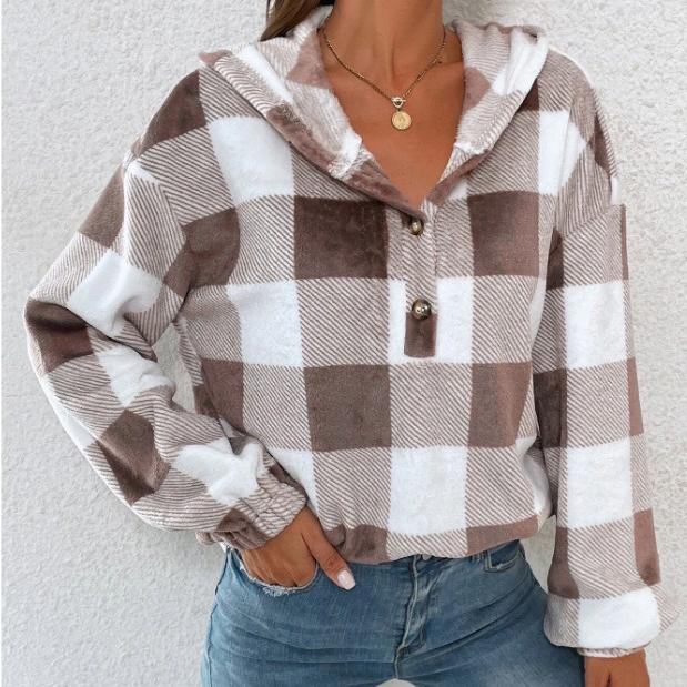 Autumn and Winter Women's Fashion Flannel Plaid Half Open Collar Nail Buckle Hooded Plush Sweater