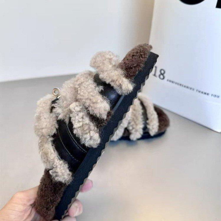 European lamb wool shoes, metal buckle buckle open-toe slippers, and thick-soled Boken slippers 2025 new models