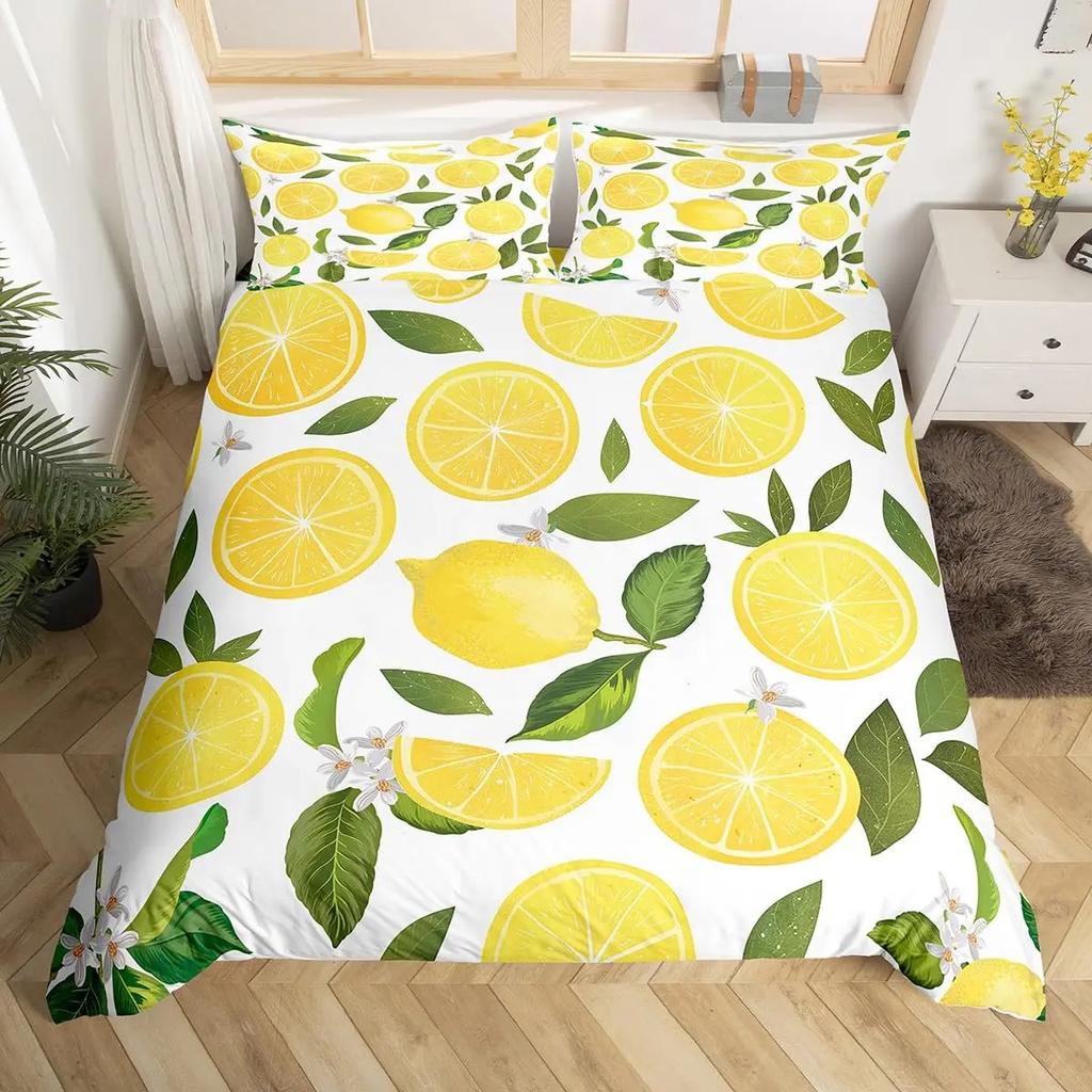 Lemon Duvet Cover Queen King Size For Girls Teens 3 Pcs Summer Cool Style Fruits Lemon Print Bedding Set, Leaves Comforter Cover