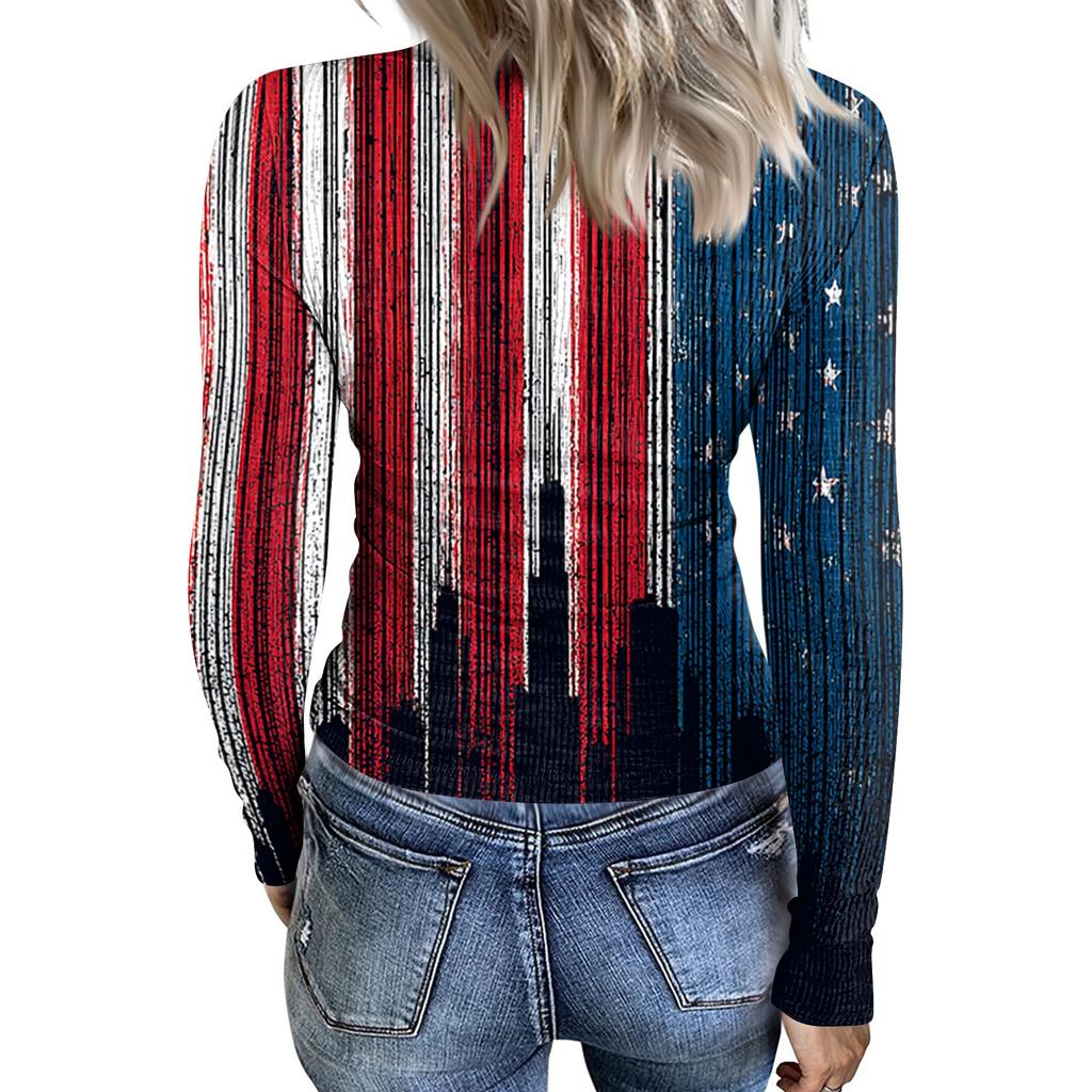 Damen Freizeit Langarm Rippstrick Oberteil Rundhals Pullover Amerikanische Flagge Print Leicht Dehnbares Shirt für den Alltag