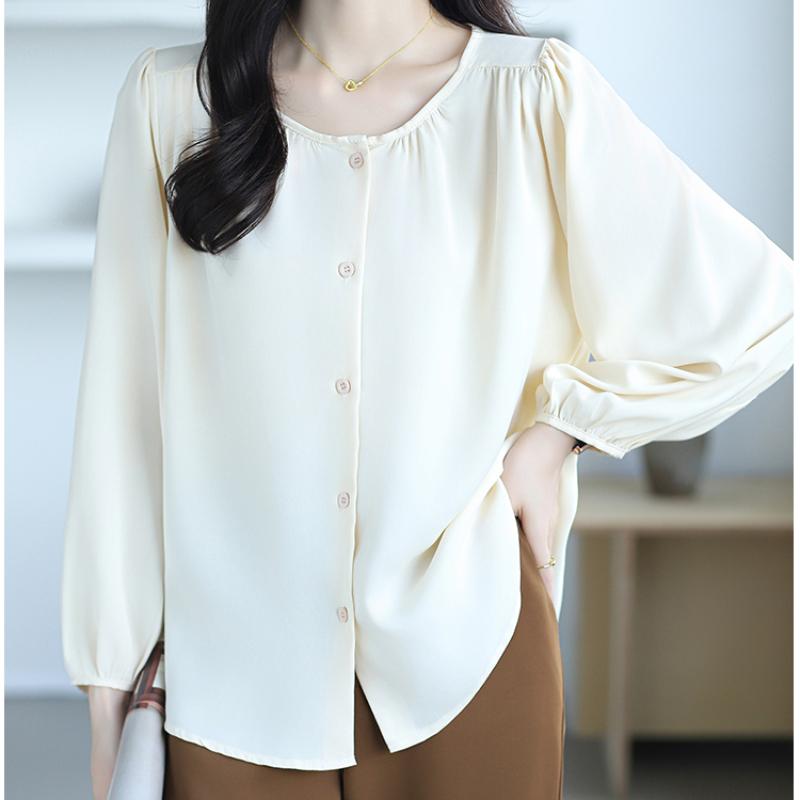 New Fashion Lantern Sleeve Loose Casual Blouse Women Single Breasted Elegant Solid Vintage Shirts Women Tops Round Neck Plus Size Ladies Blouses 26335