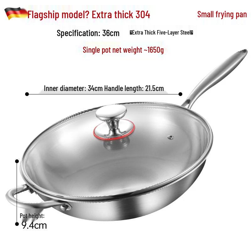 WUHE 304 Stainless Steel Flat-Bottom Wok with Lid, 36cm