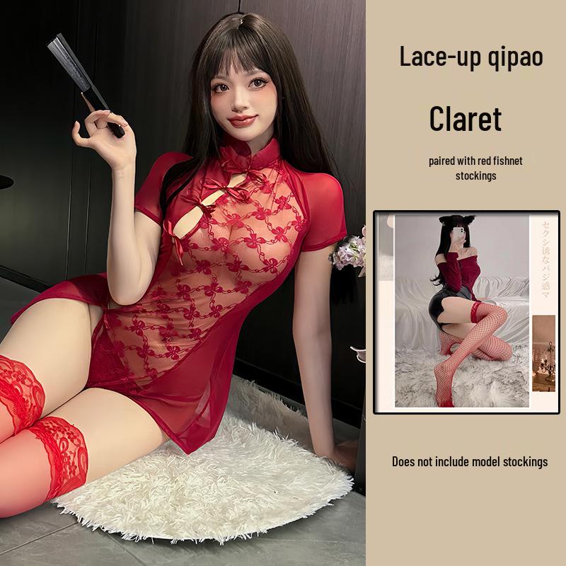Mu Xiaochu Lace Patchwork Cheongsam Sexy See-Through Lingerie Set with Tie-Up Nightdress for Women X14
