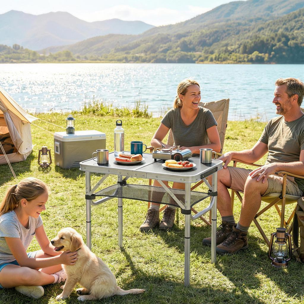 2ft Folding Camping Table, Picnic Table with Mesh Storage Layer, 4 Adjustable Heights and Carrying Handle, Black