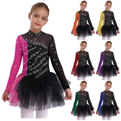 Rochie Patinaj Artistic Fete Mânecă Lungă Strasuri Sclipitoare Color Block Patchwork Costum Performanță Scenă