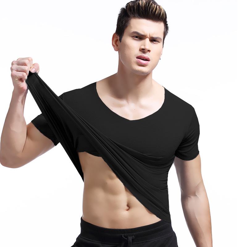 

Мужская облегающая однотонная футболка с V-образным вырезом и коротким рукавом, летняя L чёрный