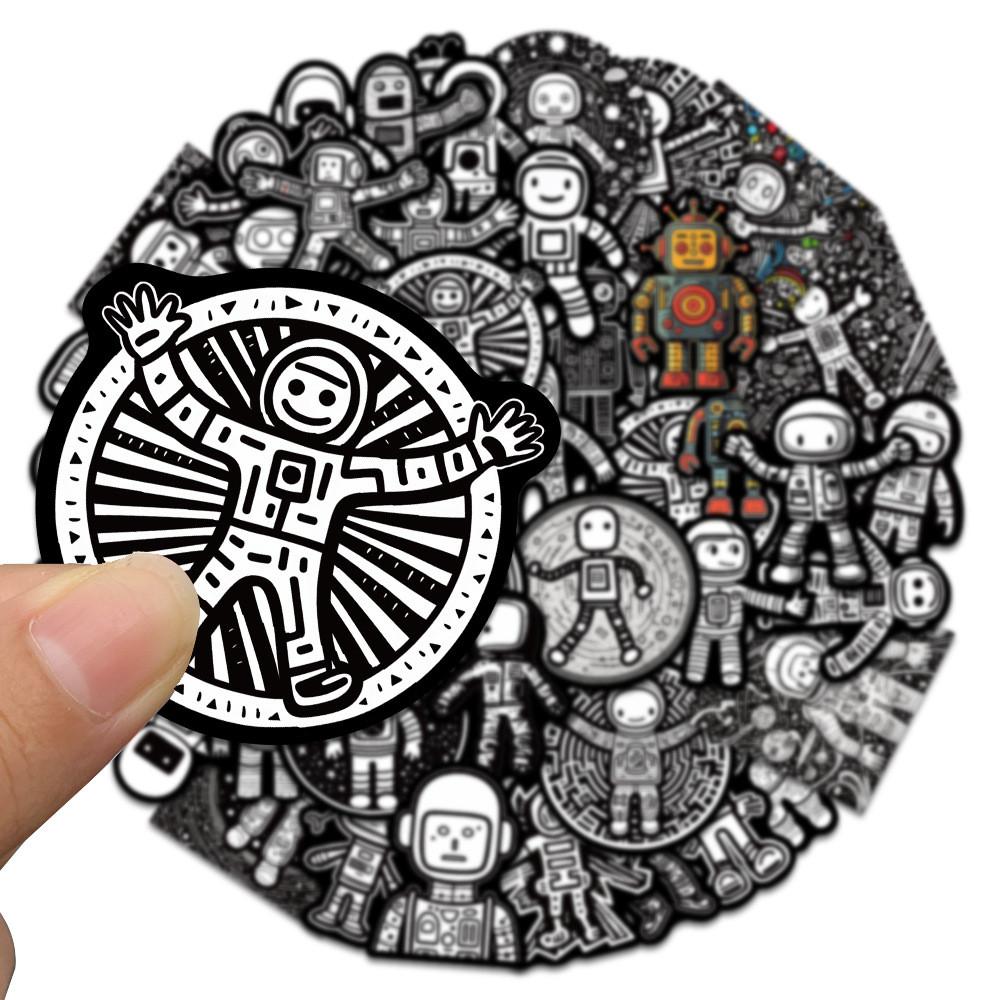 50-Piece Minimalist Black & White Astronaut Robot Stickers - Graffiti-Style Decor for Luggage, Water Bottles Laptops Phone Cases