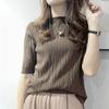 Korean Fashion Folds Solid Color Knitted T-shirt  Casual All-match Short Sleeve Slim Pullovers Tops Summer Women's Clothing