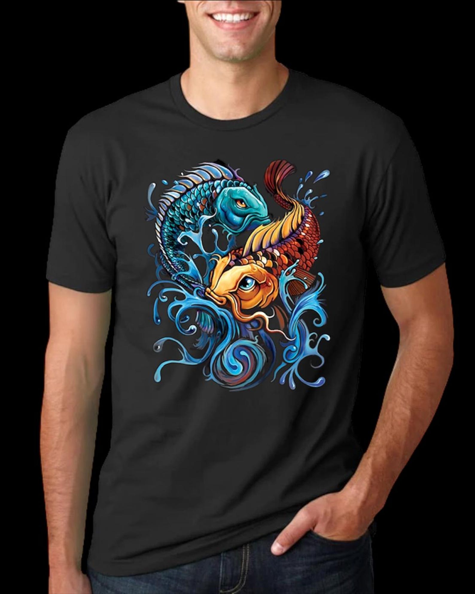 Yin Yang Koi Fish Splash Art T shirt 2XL