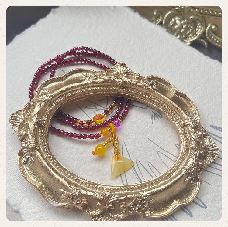 Natural Wine Red Garnet Amber Three-Loop Bracelet for Women - Ancient Hanfu Style Accessories