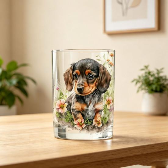 Whiskey Glass, Dachshund Glass Tumbler, Hand Painted Dog Floral Cup for Whiskey Coffee, Home Bar Gift for Dog Lovers