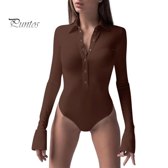 

Женский летний комбинезон с отложным воротником, длинными рукавами, однотонный, облегающий, эластичный, с застежкой на пуговицы, повседневный, для поездок на работу, женский боди S кофейный